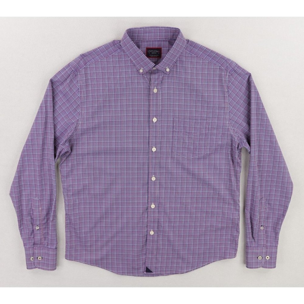 UNTUCKit Tamas Button Down Shirt Men's Medium Pink Blue Plaid Nylon Stretch - Picture 2 of 8